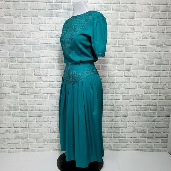 Vintage 80s Sarah Elizabeth Green Embroidery Secretary Midi Dress Short Sleeves - Picture 6 of 10